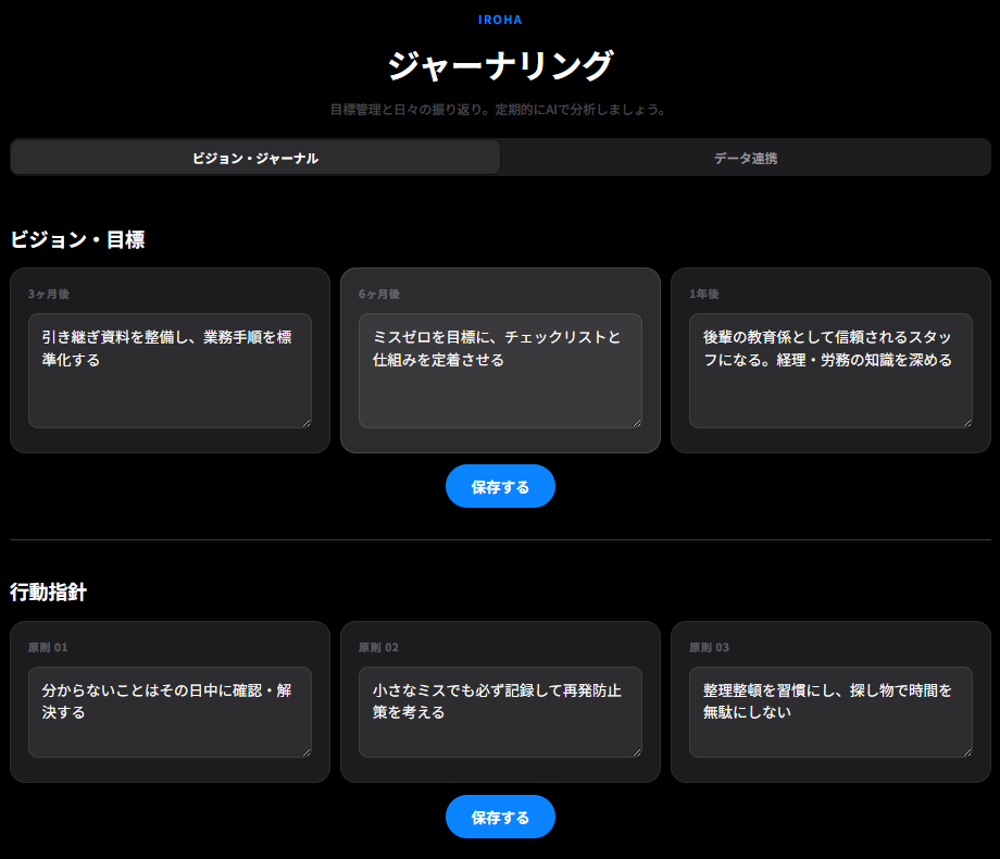 IROHAジャーナリングの画面。3ヶ月後・6ヶ月後・1年後のビジョン・目標と、3つの行動指針を入力するフォーム
